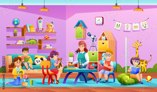 Teacher and children activity in kindergarten illustration. Preschool kids cartoon