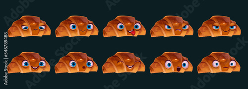 Cartoon croissant character with different emotions on face. Set of funny baked buns with big eyes and mouth happy, smiling, sad, angry, scared, surprised, crazy. Bakery emoji vector illustration