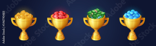 Winner trophy, gold cups with pile of gems and money. Award for victory, first place in game. Golden goblets with diamonds, rubies, coins and bills, vector cartoon set