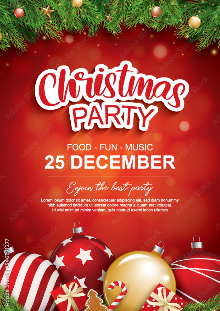 Merry christmas party with glass ball and gift box for flyer brochure ...