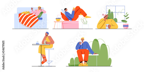 People drink, relax at home, bar and outdoors. Lazy male and female characters lying on coach, sitting at table and street bench with refreshing beverage, coffee or tea Linear flat vector illustration