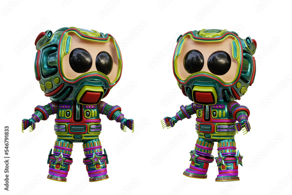 3D RENDERING ILLUSTRATION. CUTE DESIGN ROBOT CYBORG ANDROID CHARACTER ISOLATED WHITE BACKGROUND. SPACEMAN ASTRONAUT CARTOON METAL PLASTIC AI MACHINE TECHNOLOGY GAME MODEL FIGURE ART TOY.
