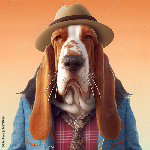 Cute Basset Hound Dog Dressed as Hipster, Photorealistic 3D Render