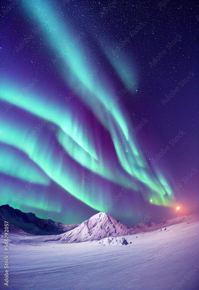 Snow mountains with background of Milky way , Huge aurora hanging in the clean dark purple night sky, sparkling stars as charming as diamonds, towering snow mountains, covered with layers of white sno Snow mountains with background of Milky way , Huge aurora hanging in the clean dark purple night sky, sparkling stars as charming as diamonds, towering snow mountains, covered with layers of white sno