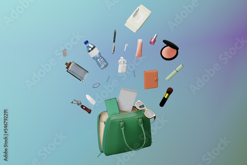 Feminine accessories coming out of a handbag. Purse contents photo
