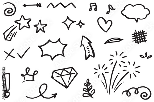 Abstract arrows  ribbons  fireworks  hearts  lightning love   leaf  stars  cone  crowns and other elements in a hand drawn style for concept designs. Scribble illustration.
