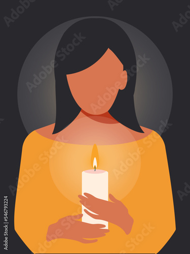 A burning candle in the hands of a woman on a black vertical background illuminates and warms their home. Ukraine without electricity and heat in 2022. Vector.