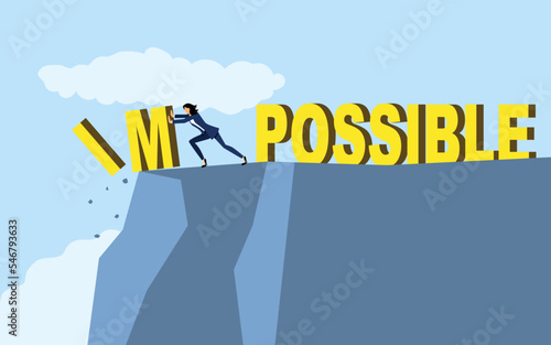 Businesswoman pushing the alphabet I and M to the ravine from the word impossible
