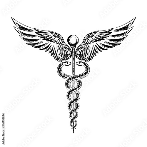 Caduceus Health Symbol Medical care illustration of sign with snake and wings. The texture of the brush and paint. Engraving style.