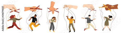 Set of people hang on ropes. Puppeteer hands controlling puppets. Manipulator playing with men and women. Characters being controlled by master, domination or authority Linear flat vector illustration