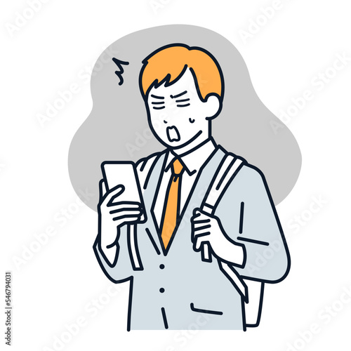 スマホを見てショックを受けるビジネスマンのシンプルなベクターイラスト素材