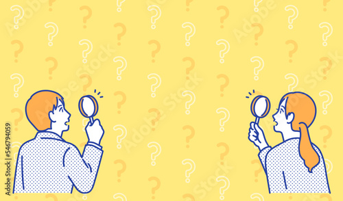 虫眼鏡を覗く若いビジネスパーソンのシンプルなベクターイラスト素材