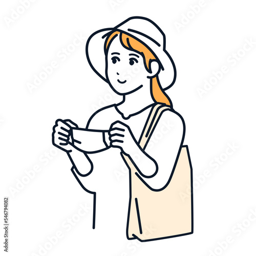 外出先でマスクを外す若い女性のシンプルなベクターイラスト素材
