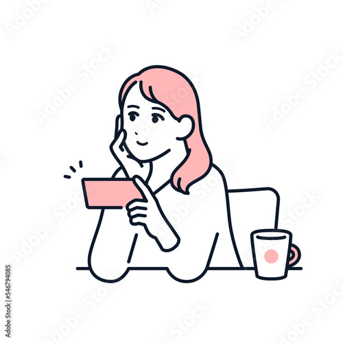 スマホで動画を視聴する若い女性のシンプルなベクターイラスト素材