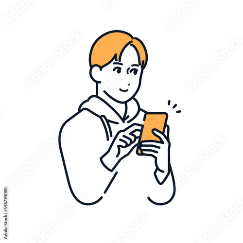 笑顔でスマートフォンを操作する若い男性のシンプルなベクターイラスト素材