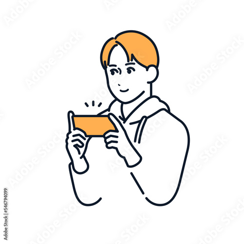 スマホでゲームをする若い男性のシンプルなベクターイラスト素材