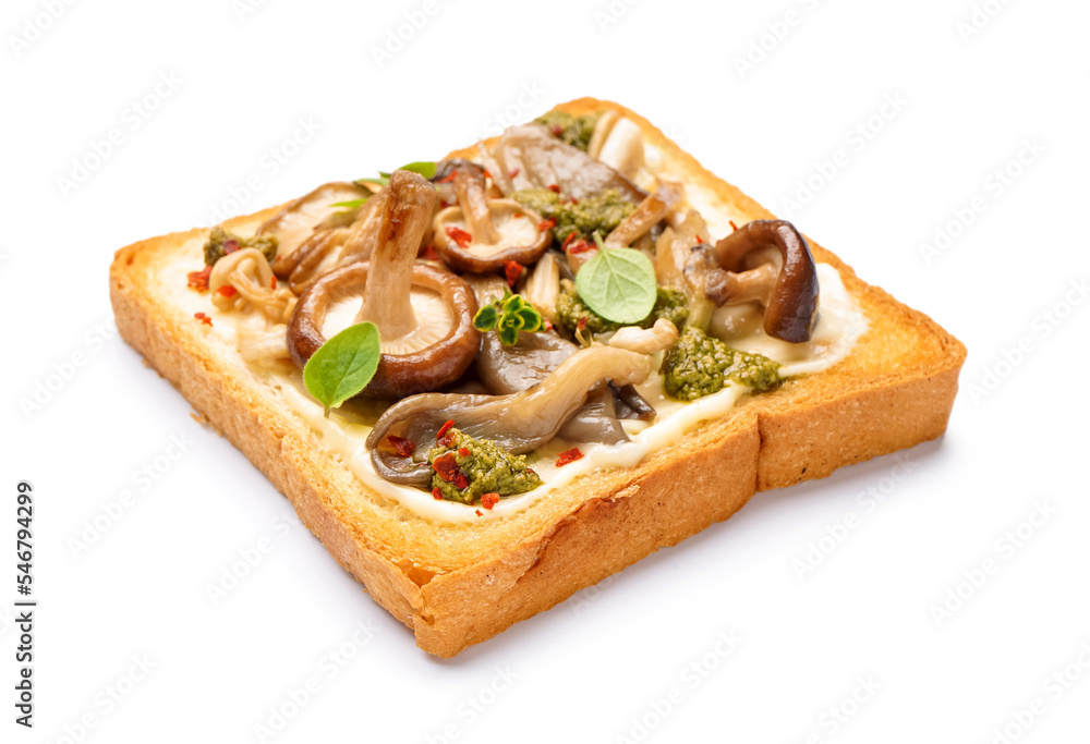 Delicious toast with cream cheese, mushrooms and pesto sauce on white background
