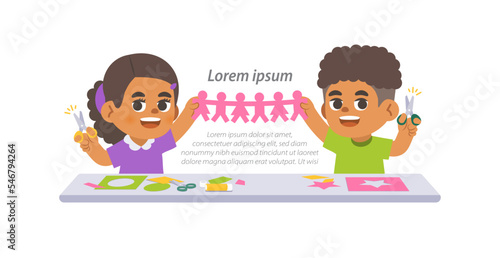 a black girl and a black boy doing the paper cut with imagination in art class on the table, illustration cartoon character vector design on white background. kid and education concept.