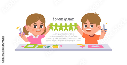 a white girl and a white boy doing the paper cut with imagination in art class on the table, illustration cartoon character vector design on white background. kid and education concept.