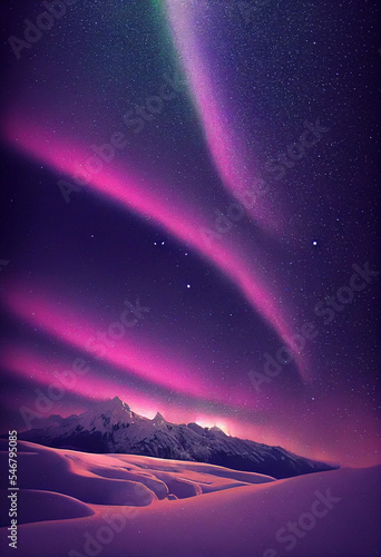 Snow mountains with background of Milky way , Huge aurora hanging in the clean dark purple night sky, sparkling stars as charming as diamonds, towering snow mountains, covered with layers of white sno