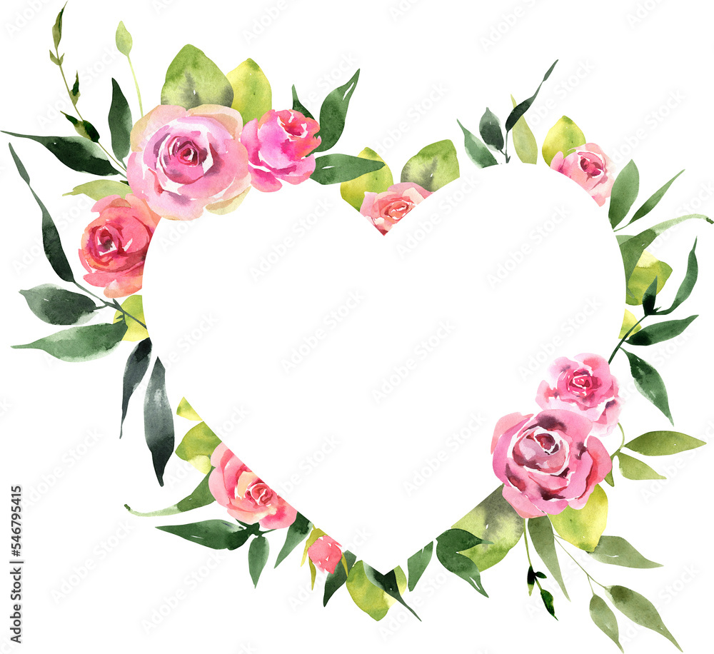 Heart frame of Pink roses watercolor illustration