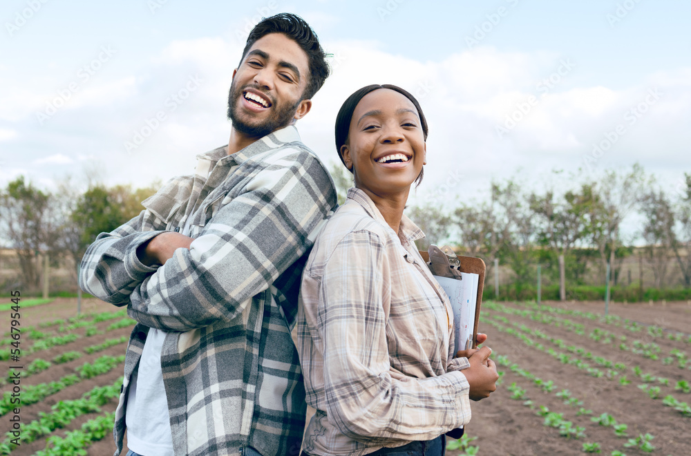 Man, woman farmer or agriculture with checklist, farm and plants in portrait with smile. Couple, green crops and farming teamwork for vegetable, fruit or sustainability with happiness on agro field Man, woman farmer or agriculture with checklist, farm and plants in portrait with smile. Couple, green crops and farming teamwork for vegetable, fruit or sustainability with happiness on agro field