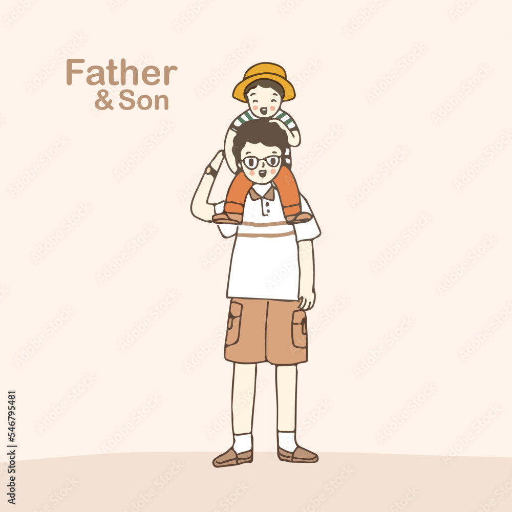 Son riding piggy back on his dad shoulders, hand drawn vector illustration