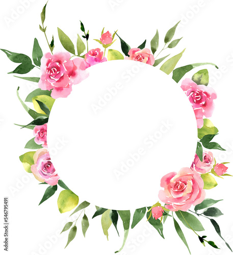 Watercolor round frame with flowers. Pink roses background