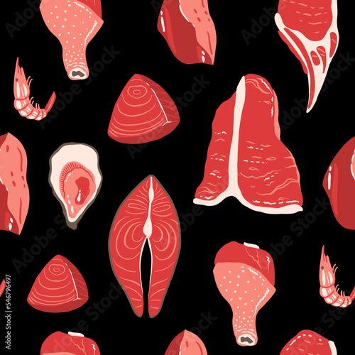 Meat cuts seamless pattern background. Fresh pork chop, beef, ham, chicken, turkey leg and fish fillet, oysters, tuna and shrimp. Food background for butchery shop design