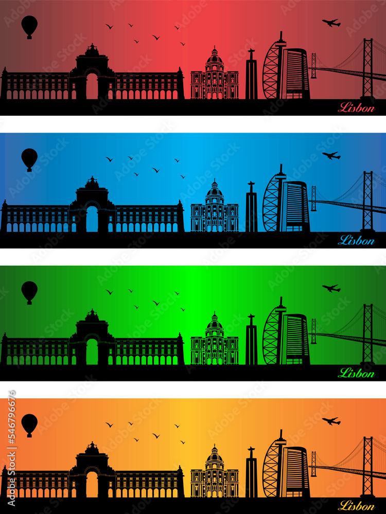 Lisbon city in a four different colors - illustration, 
Town in colors background, 
City of Lisbon
