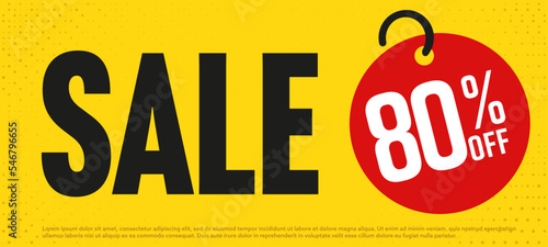 Sale template with 80 percent off price tag. Special offer with big price reduction. Retail marketing discount. Store wholesale. Sale banner, coupon, voucher or poster label vector illustration