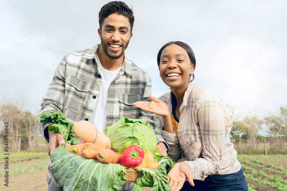 People, farm and portrait of man and woman with vegetable harvest in a basket on a agriculture field. Box, teamwork and interracial farming couple for eco friendly and sustainable produce vegetables People, farm and portrait of man and woman with vegetable harvest in a basket on a agriculture field. Box, teamwork and interracial farming couple for eco friendly and sustainable produce vegetables