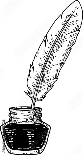 Illustration of feather pen and inkwell in engraving style. Design element for card, banner, menu. Vector illustration