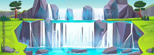 Waterfall cascade at summer nature landscape. Cartoon panoramic view of stream flow from rocks, fall to lake with green valley and trees around. Wild area, beautiful parkland, Vector illustration