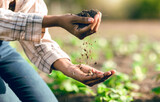 Farming, agriculture and farmer hands with soil for nutrients, healthy plants and growth. Sustainability, natural environment and worker check earth for planting vegetables, crops and organic produce