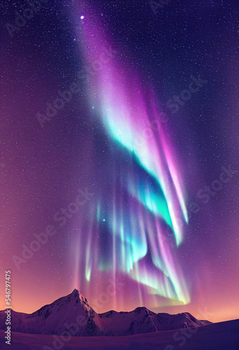 Snow mountains with background of Milky way , Huge aurora hanging in the clean dark purple night sky, sparkling stars as charming as diamonds, towering snow mountains, covered with layers of white sno