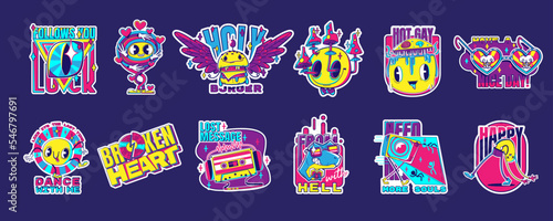 Psychedelic retro rave stickers with funny burger, dinosaur and mushrooms, retro audio tape and heart shaped glasses. Crazy dancer and cute odd creatures. Cartoon vector acid design badges set