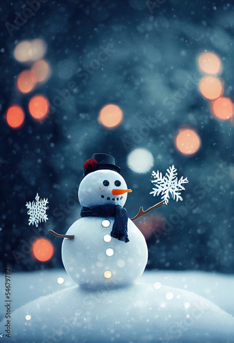 Merry Christmas and Happy New Year greeting card with copy space. Happy snowman standing in winter Christmas landscape. Snow background, bokeh, festive lights, winter wonderland, fairytale, snowfall