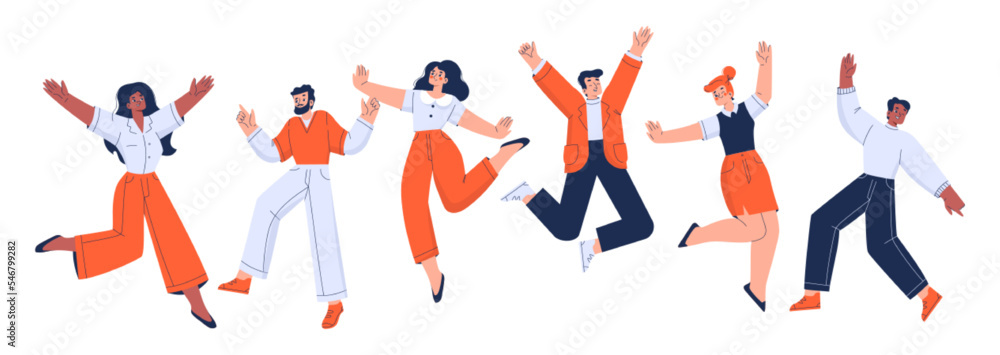 Happy office employees jump with raised arms. People characters in formal wear feel positive emotions, rejoice, celebrate victory or success isolated on white, Cartoon linear flat vector illustration Happy office employees jump with raised arms. People characters in formal wear feel positive emotions, rejoice, celebrate victory or success isolated on white, Cartoon linear flat vector illustration