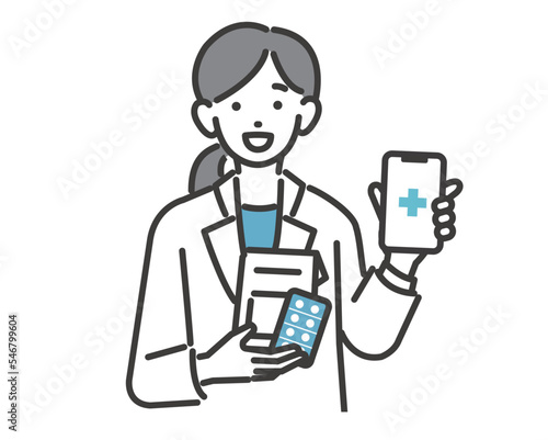DX推進でお薬手帳の電子化を勧める薬剤師の人物のベクターイラスト素材／医者／看護師