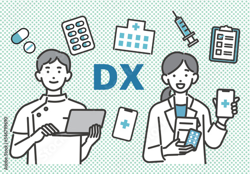 DX推進でタブレットやパソコンを持つ、福祉、医療従事者の人物のベクターイラスト素材／医者／看護師