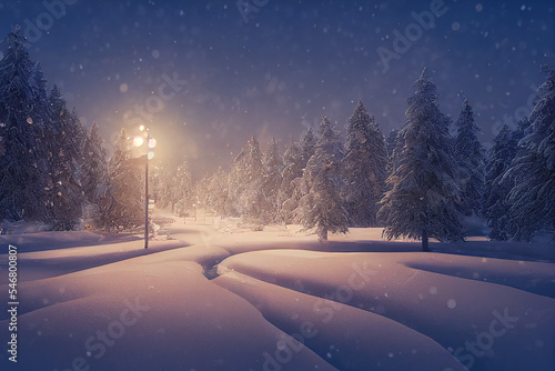 Festive and fabulous Christmas trees in the snow, winter forest, magical Christmas night, Christmas background with copy space, winter wonderland, digital illustration © Aetaer