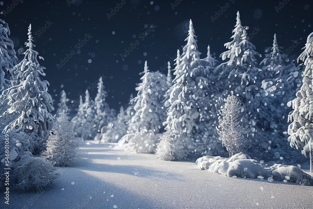 Festive and fabulous Christmas trees in the snow, winter forest, magical Christmas night, Christmas background with copy space, winter wonderland, digital illustration