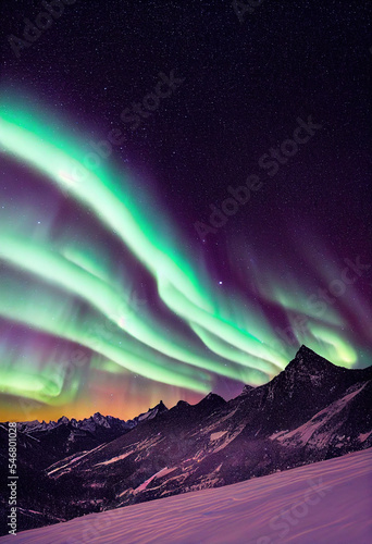 Snow mountains with background of Milky way , Huge aurora hanging in the clean dark purple night sky, sparkling stars as charming as diamonds, towering snow mountains, covered with layers of white sno