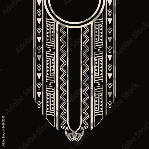 Tribal pattern design for the neckline is in a monochrome theme. This design is for the neck of a kaftan dress, round neck shirt, and robe in ethnic style. The white pattern on the black background.