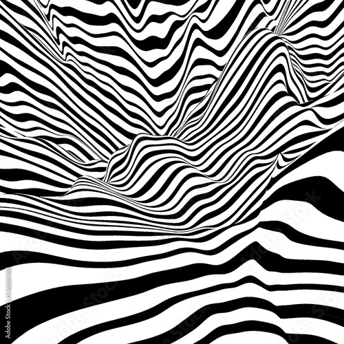 Abstract wave of white and black curved lines. Hallucination distorted lines backdrop.. Optical illusion pattern. Twisted futuristic background of lines. Dynamic wave.  3D render illustration 