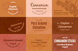 Cinnamon powder sticks flavoring aromatic seasonings label set vector engraving illustration