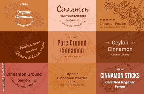 Cinnamon powder sticks flavoring aromatic seasonings label set vector engraving illustration