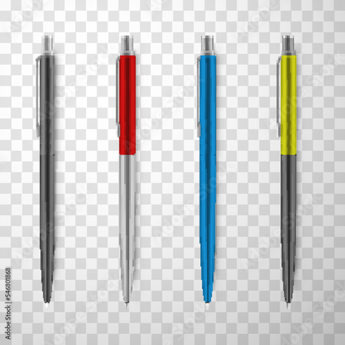 Pens automatic branding stationery for writing set realistic vector illustration. Ballpoint with ink
