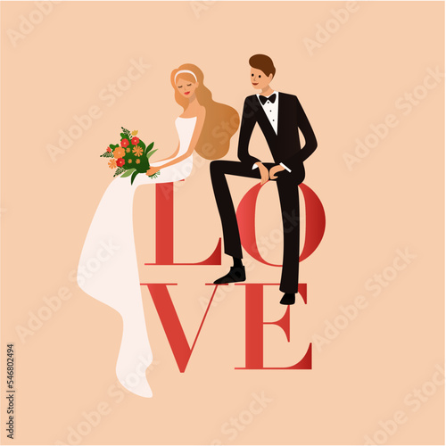 bride and groom with wedding bouquet, vector illustration